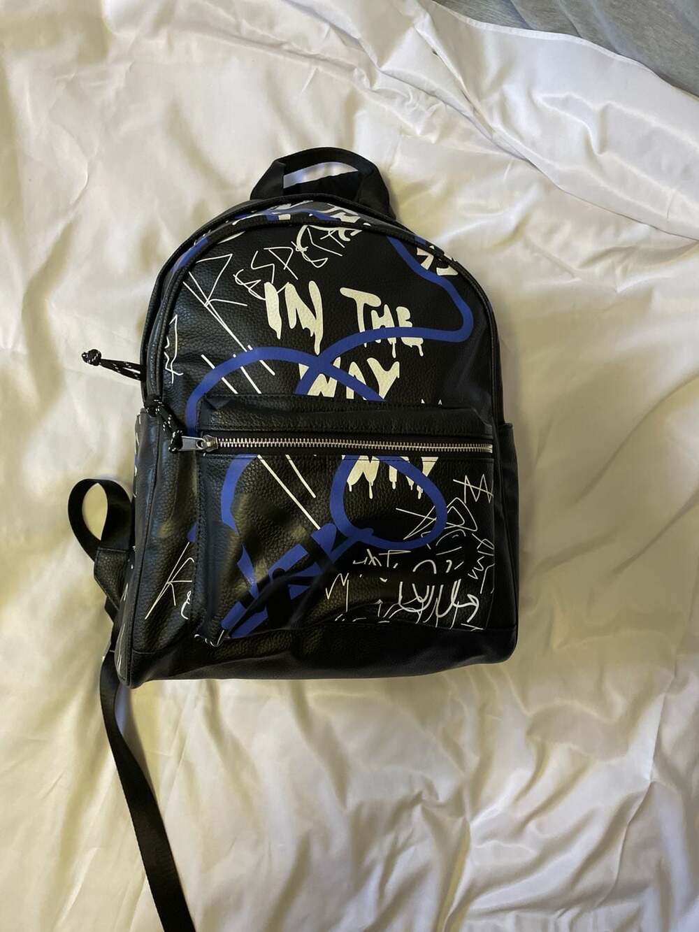 Zara Men's Faux Leather Black Graffiti Paint Script Backpack